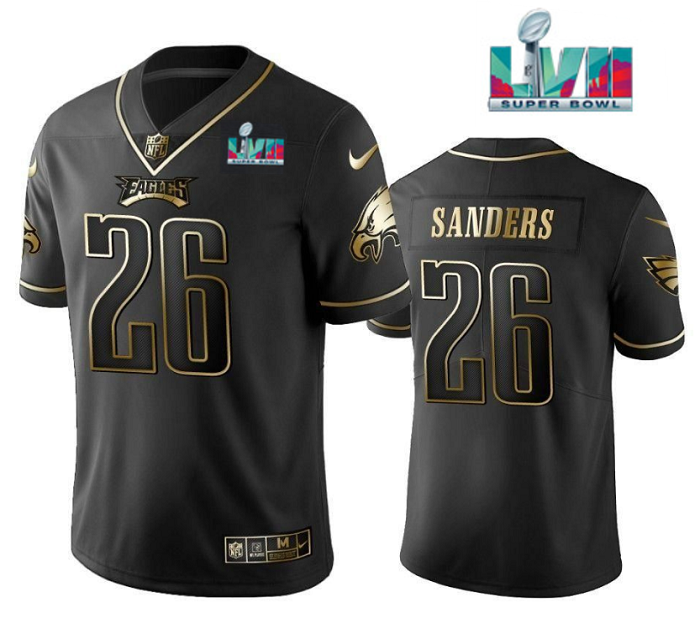 Men's Philadelphia Eagles #26 Miles Sanders Black Golden Super Bowl LVII Patch Edition Stitched Football Jersey Men's Philadelphia Eagles #26 Miles Sanders Black Golden Super Bowl LVII Patch Edition Stitched Football Jersey